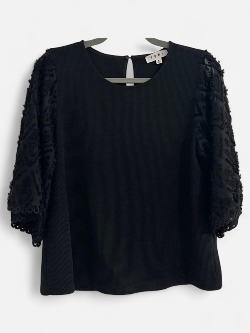 THML Black Ribbed Blouse, Textured + Sheer Sleeves with Lace Trim